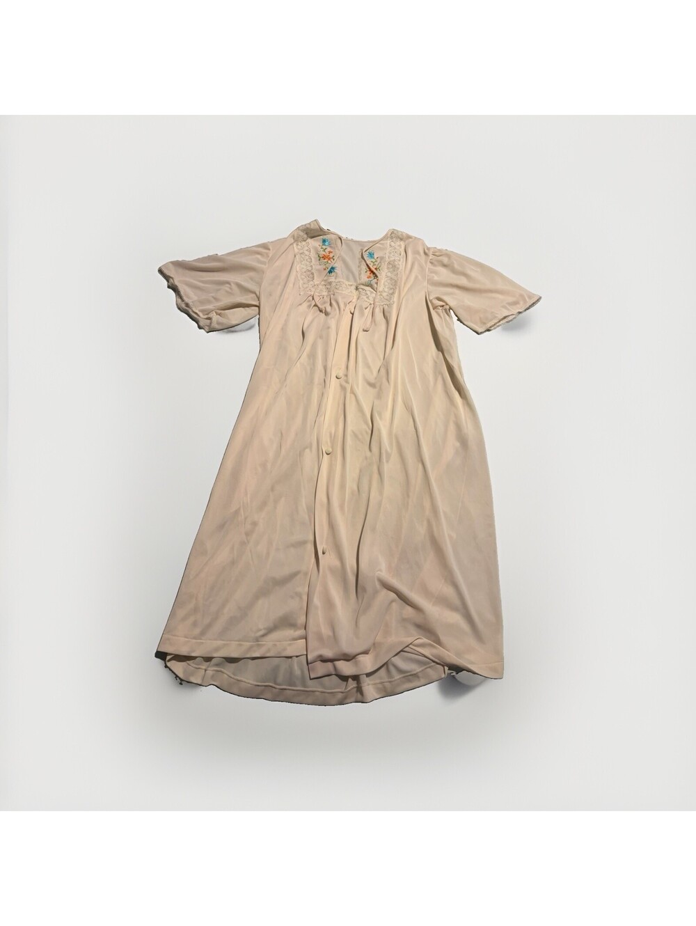 Vintage Kayser Satin Nightgown Medium Pink Ivory Lace Trim Flutter Sleeve